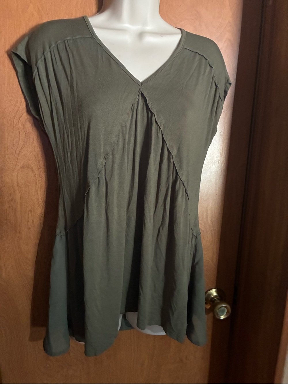 Olive Green V‑Neck Flutter Sleeve Tunic Top